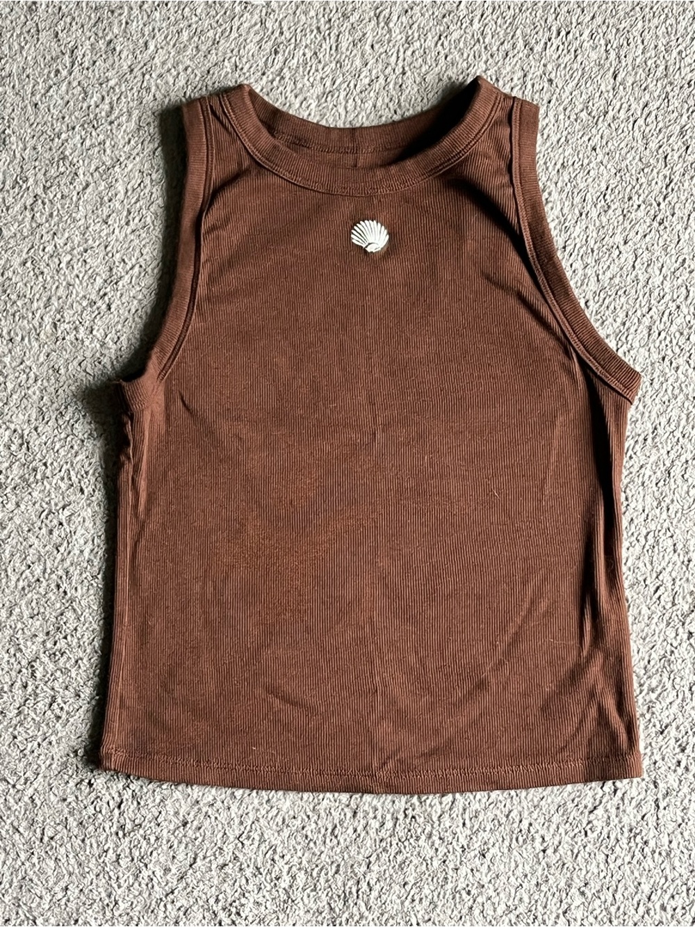 Brown Ribbed Tank Top with Embroidered Shell Accent
